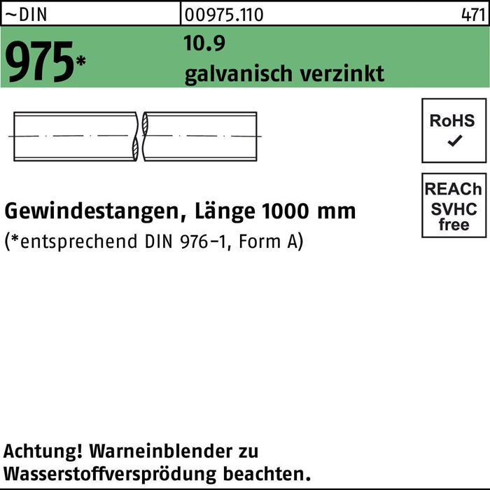 Gewindestange DIN 975 M6x 1000mm 10.9 galv.verz. 1 Stück