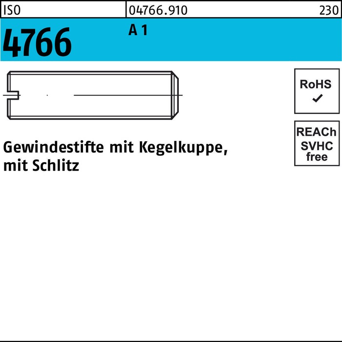 Gewindestift ISO 4766 Kegelkuppe/Schlitz M3x 8 A 1 50 Stück