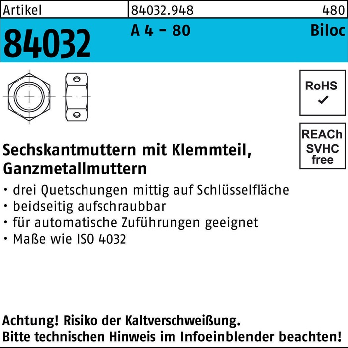 Sechskantmutter R 84032 Biloc Klemmteil M12 A 4 - 80 500 Stück