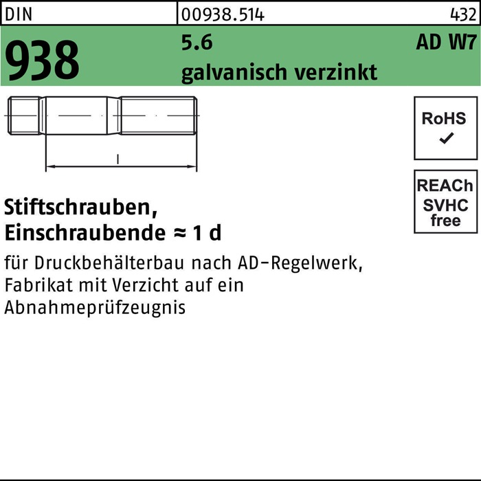 Stiftschraube DIN 938 M12x 40 5.6 galv.verz. 100 Stück