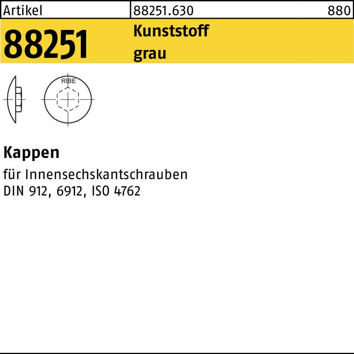 Kappe R 88251 f.Innen-6kt 4 M5 Ku. grau 500 Stück