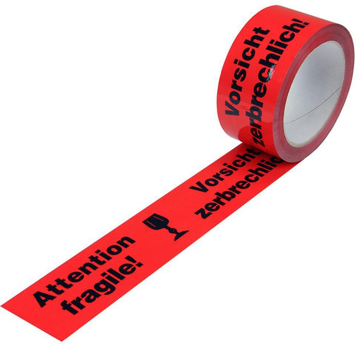 Warnklebeband Breite 50mm L.66m S.52µ PP rot Aufdruck Vorsicht zerbrechlich