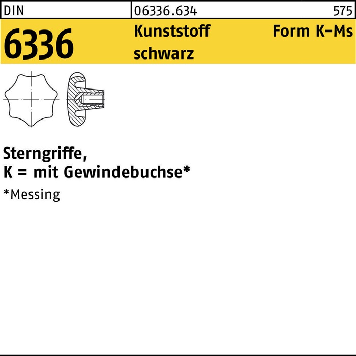 Sterngriff DIN 6336 FormK-Ms K 80 M16 Ku. sw Messingbuchse 5 Stück