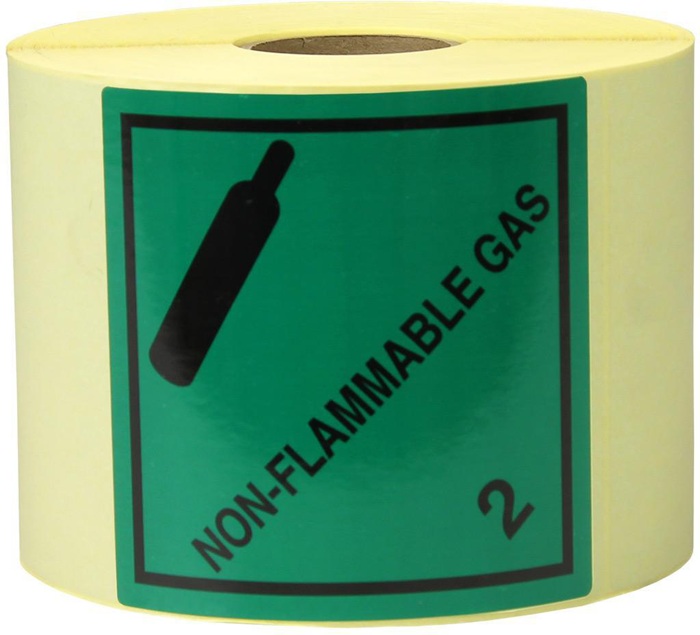 Etiketten Maße 100x100mm Papier grün Aufdruck Non Flammable Gas TRANSPAK