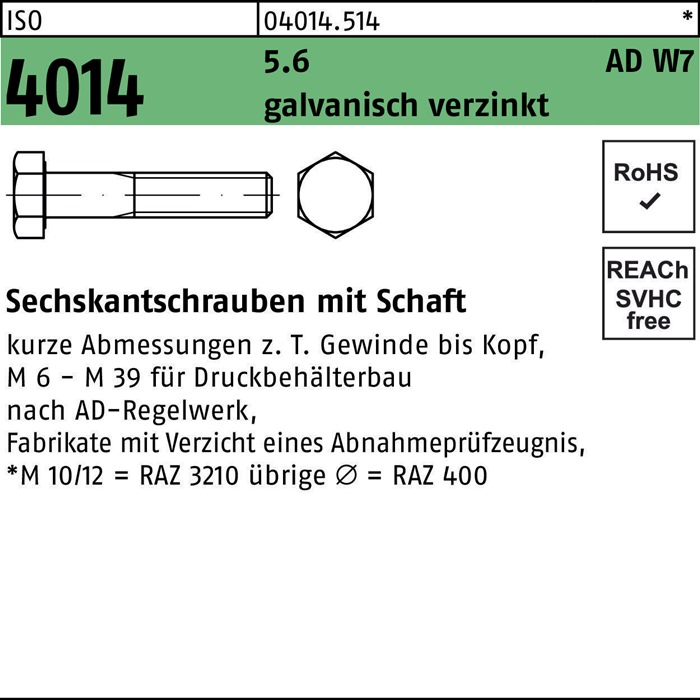 Sechskantschraube ISO 4014 Schaft M24x 110 5.6 W7 galv.verz. 10St.