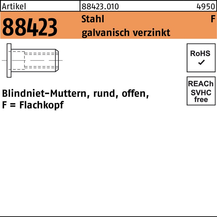 Blindnietmutter R 88423 FLAKO M8 /0,25-3,5 Stahl galv.verz. 100St.