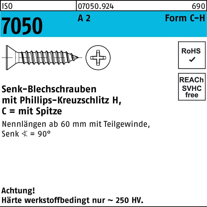 Blechschraube ISO 7050 SEKO Spitze/PH 4,2x 22 -C-H A 2 500 Stück