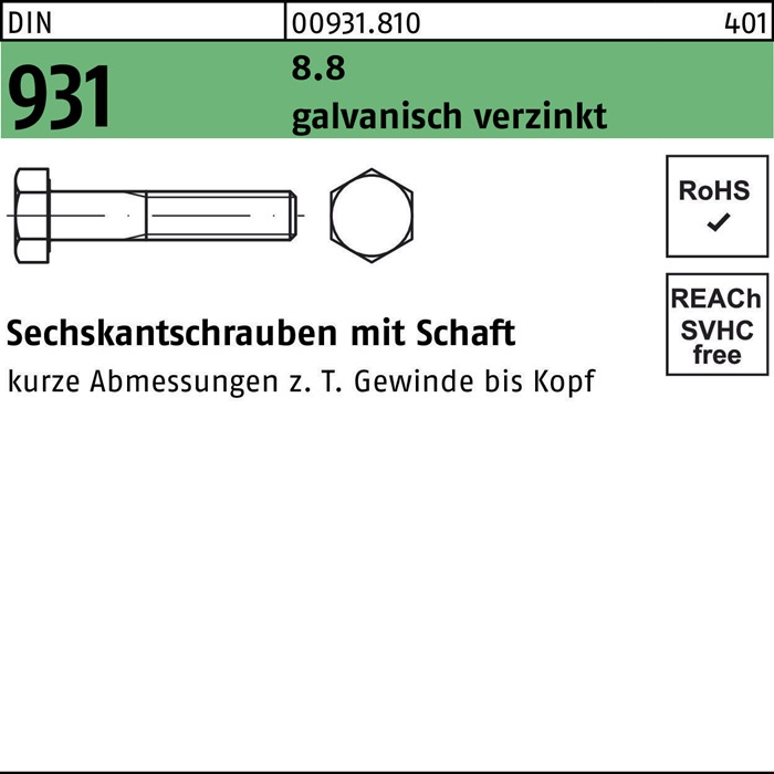 Sechskantschraube DIN 931 Schaft M5x 85 8.8 galv.verz. 200 Stück