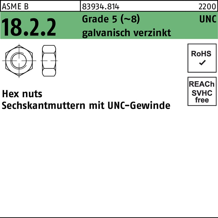 Sechskantmutter R 83934 UNC-Gewinde 1/4 Grade 5 (~8) galv.verz. 100St.