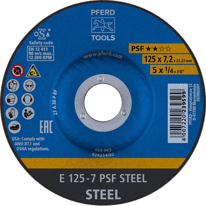 Schruppscheibe PSF STEEL D125xS7,2mm gekr.STA Bohr.22,23mm PFERD