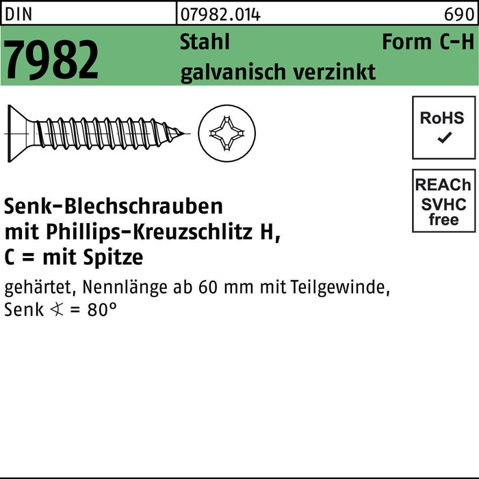 Senkblechschraube DIN 7982 PH/Spitze C 5,5x32-H Stahl galv.verz. 100St.