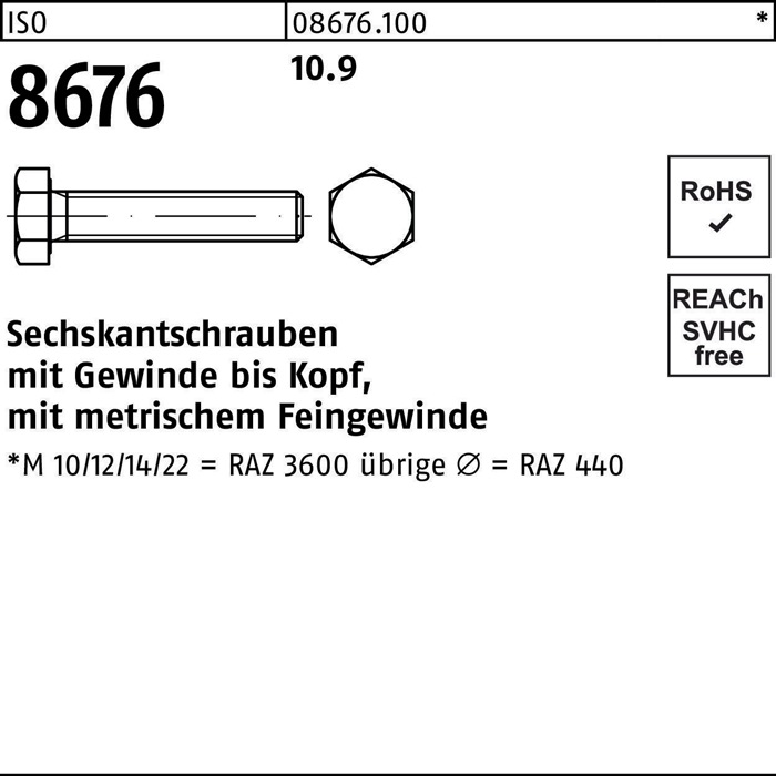 Sechskantschraube ISO 8676 VG M20x1,5x 35 10.9 50 Stück