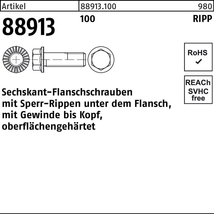 Sechskantflanschschraube R 88913 Sperr-Ripp VG M16x 65 100 50 Stück