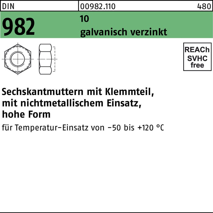 Sechskantmutter DIN 982 Klemmteil M16 10 galv.verz. 50 Stück