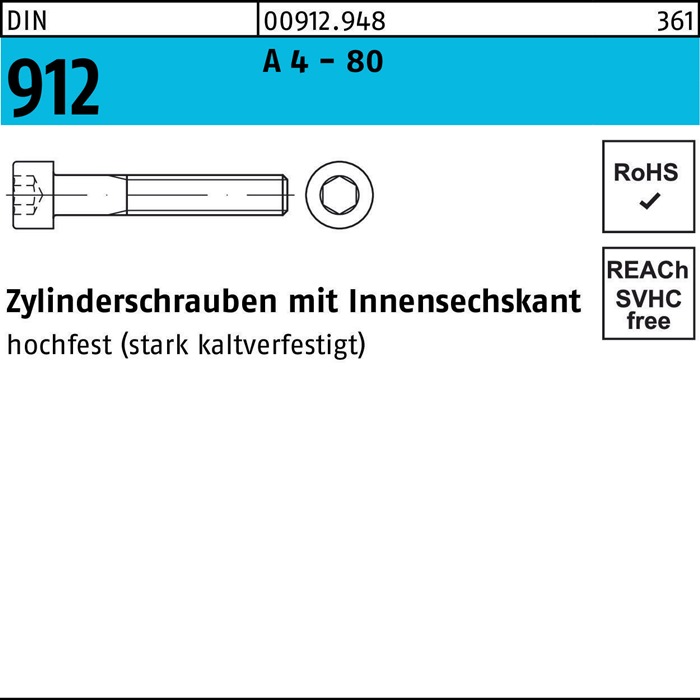 Zylinderschraube DIN 912 Innen-6kt M20x 40 A 4 - 80 1 Stück