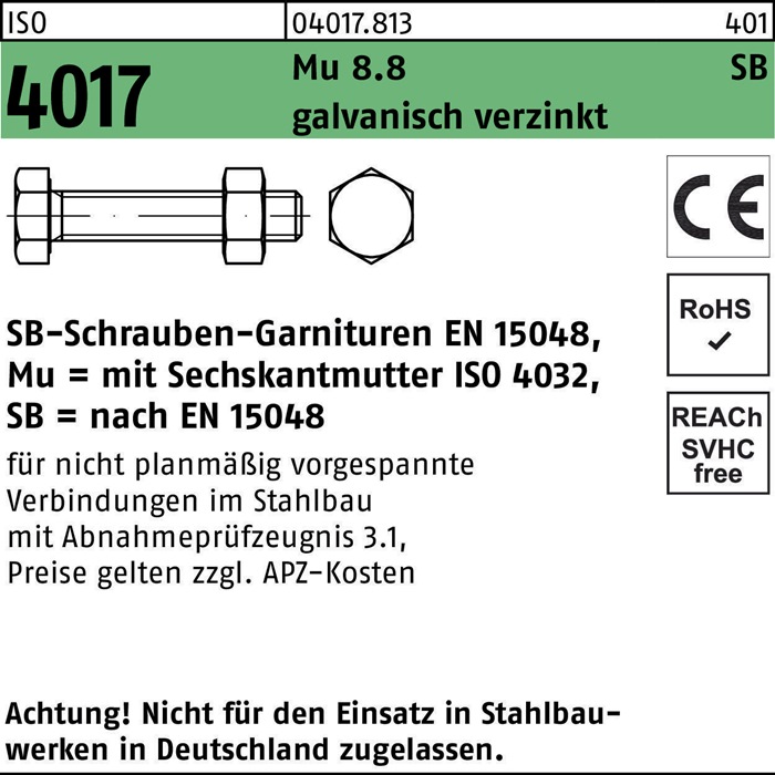 Sechskantschraube ISO 4017 VG M24x 55 8.8 galv.verz. SB 25 Stück