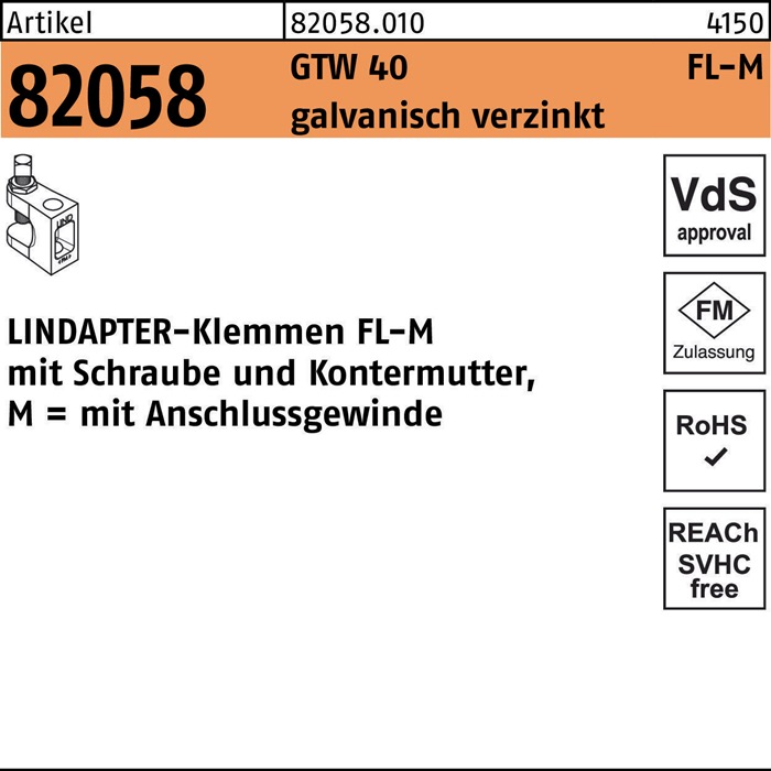 Klemme R 82058 GTW 40 FL 2 M10 galv.verz. 1 Stück LINDAPTER