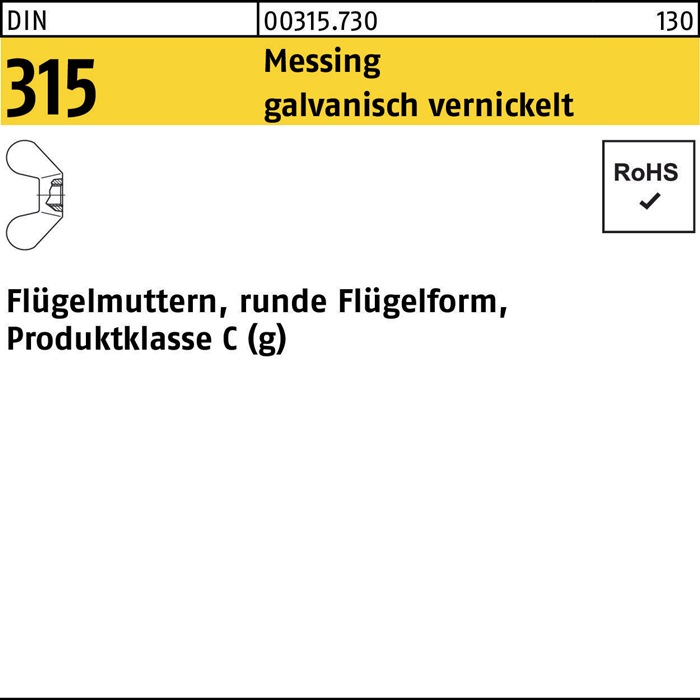 Flügelmutter DIN 315 runde FormM10 Messing galv. vernickelt 100 Stück