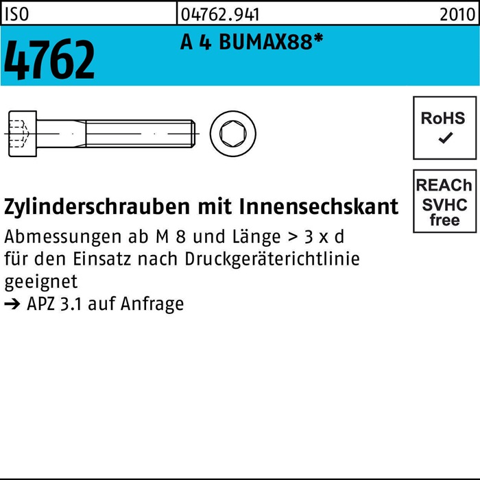 Zylinderschraube ISO 4762 Innen-6kt M3x 12 A 4 BUMAX88 500 Stück BUFAB