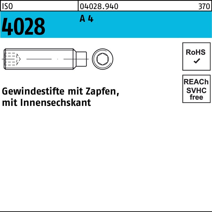Gewindestift ISO 4028 Zapfen/Innen-6kt M4x 10 A 4 500 Stück