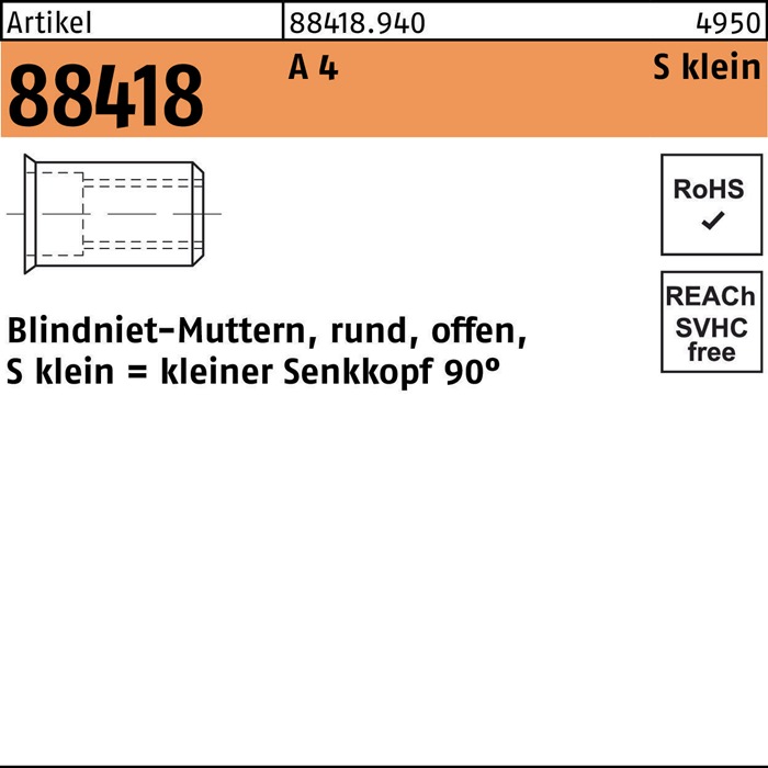 Blindnietmutter R 88418 SEKO M5/0,25 - 3,0 A 4 500 Stück
