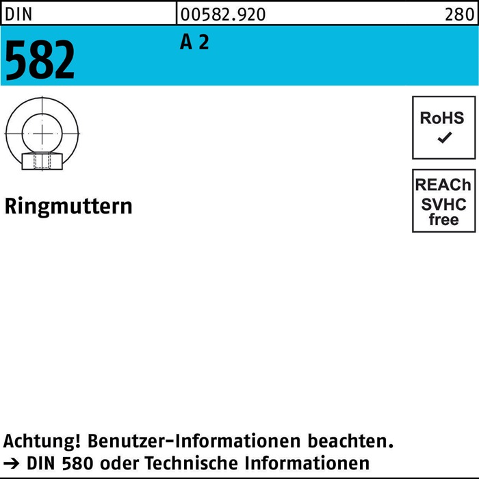 Ringmutter DIN 582 M 16 A 2 Ohne Oberflächenangabe 5 Stück
