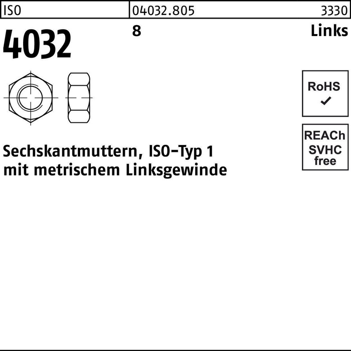 Sechskantmutter ISO 4032 links M20 -LH 8 50 Stück