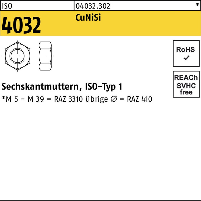 Sechskantmutter ISO 4032 M10 CuNiSi 100 Stück