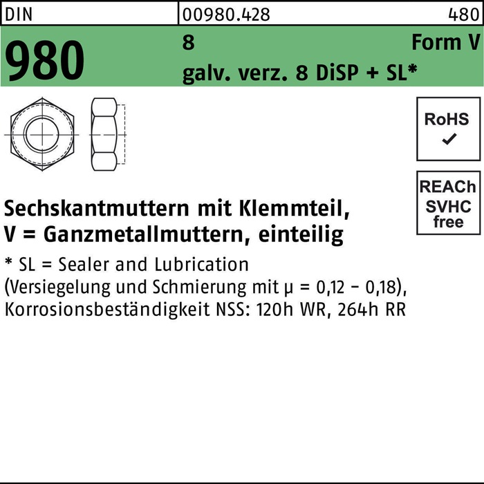 Sechskantmutter DIN 980 Klemmteil V M5 8 galv.verz. 8 DISP 1000Stück