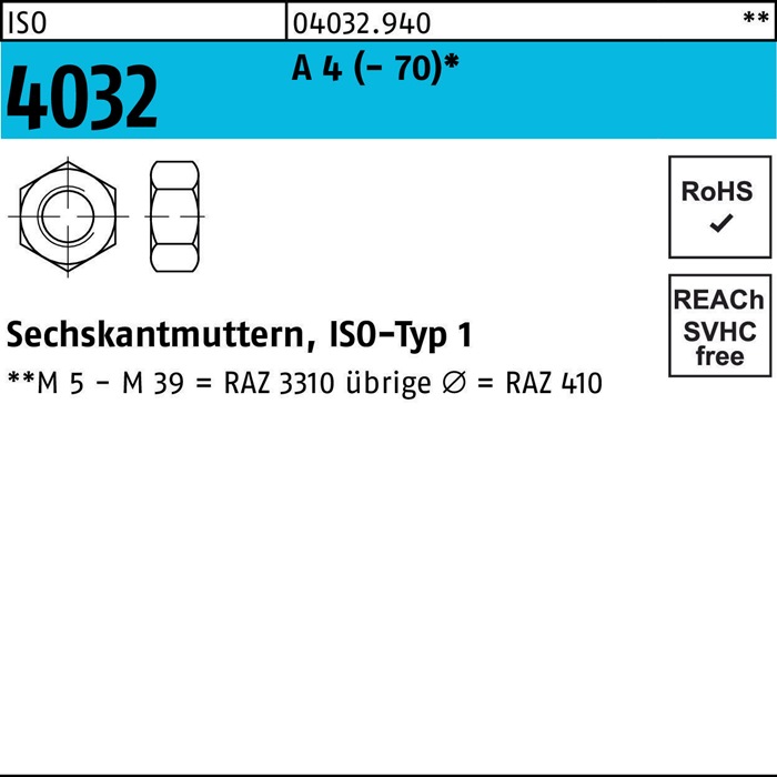 Sechskantmutter ISO 4032 M20 A 4 (- 70) 25 Stück