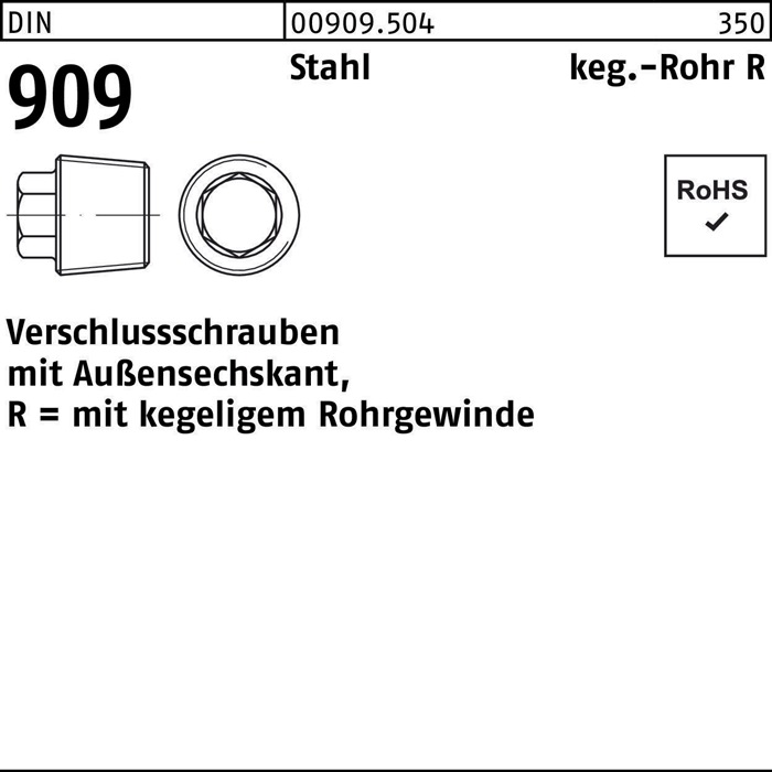 Verschlußschraube DIN 909 Außen-6-kt R 3/4 Stahl 25 Stück
