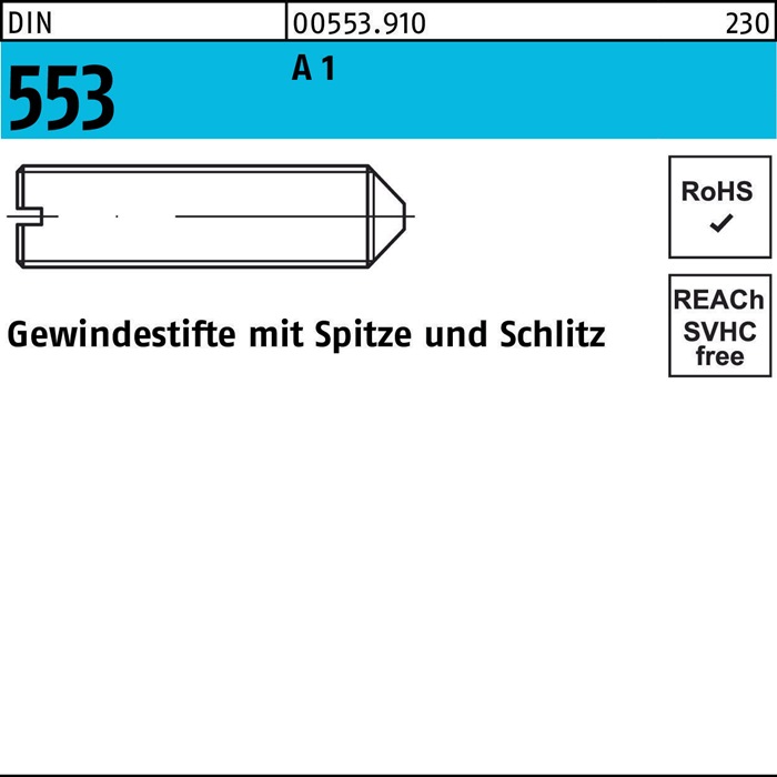 Gewindestift DIN 553 m.Schlitz/Spitze M4x 6 A1/1.4305 50 Stück