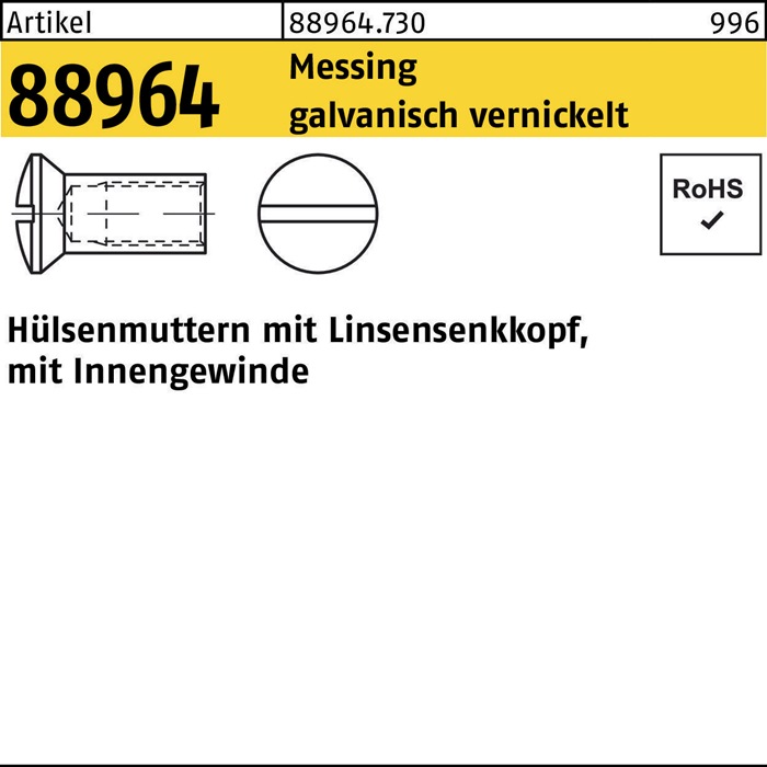 Hülsenmutter R 88964 Liko IG M6x 20 Messing galv. vernickelt 100 Stück