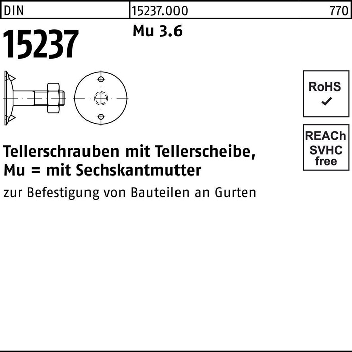 Tellerschraube DIN 15237 6-ktmutter M10x 35 3.6 100 Stück