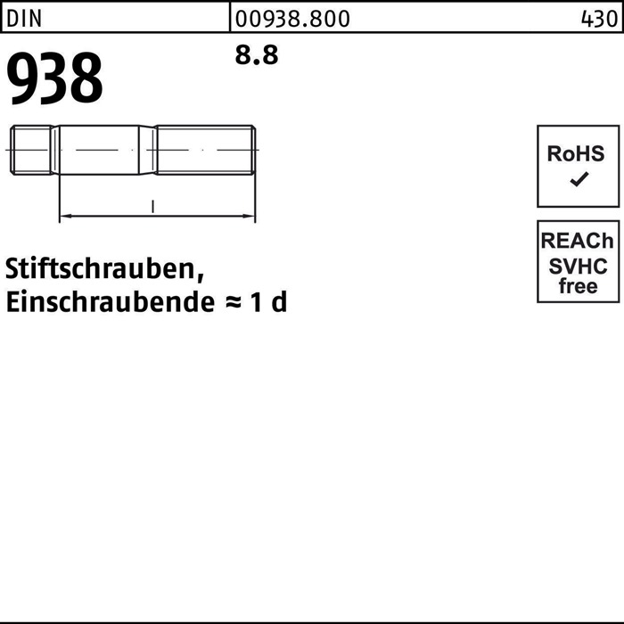 Stiftschraube DIN 938 M 24 x 90 8.8 10 Stück