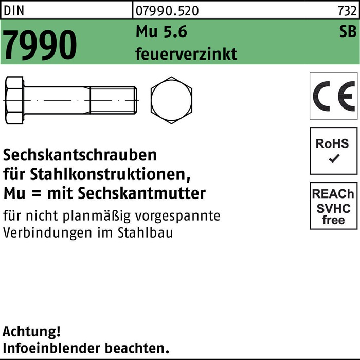Sechskantschraube DIN 7990 CE Sechskantmutter M16x75 5.6 feuerverz. 25St.