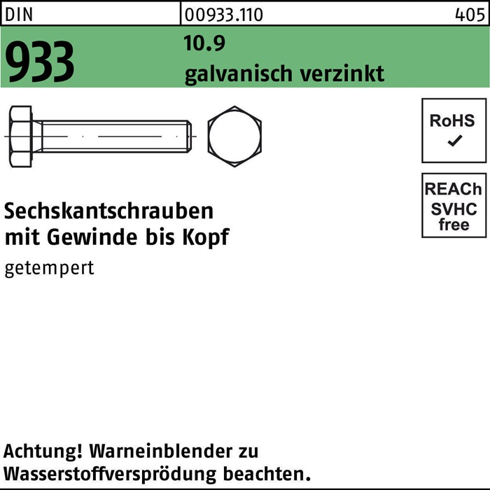 Sechskantschraube DIN 933 VG M12x 25 10.9 galv.verz. 100 Stück