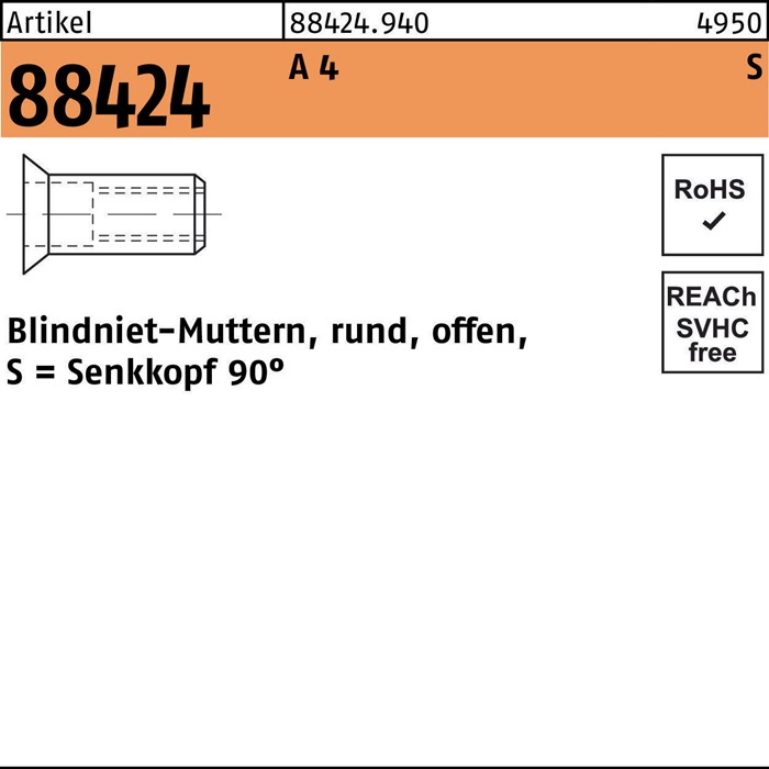 Blindnietmutter R 88424 SEKO M4/2,5 - 4,0 A 4 500 Stück