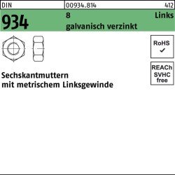 Sechskantmutter DIN 934 links M10 -LH 8 galv.verz. 100 Stück