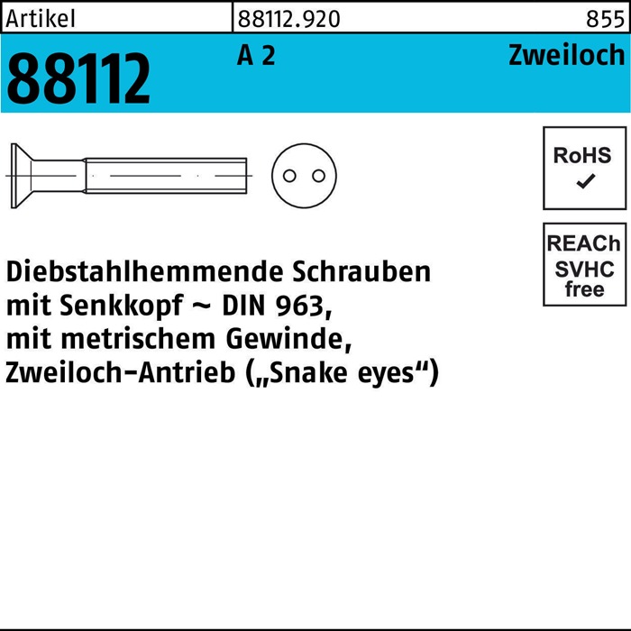 Schraube R 88112 diebstahlhemmend Seko/Zweiloch M3x 12 A 2 100 Stück