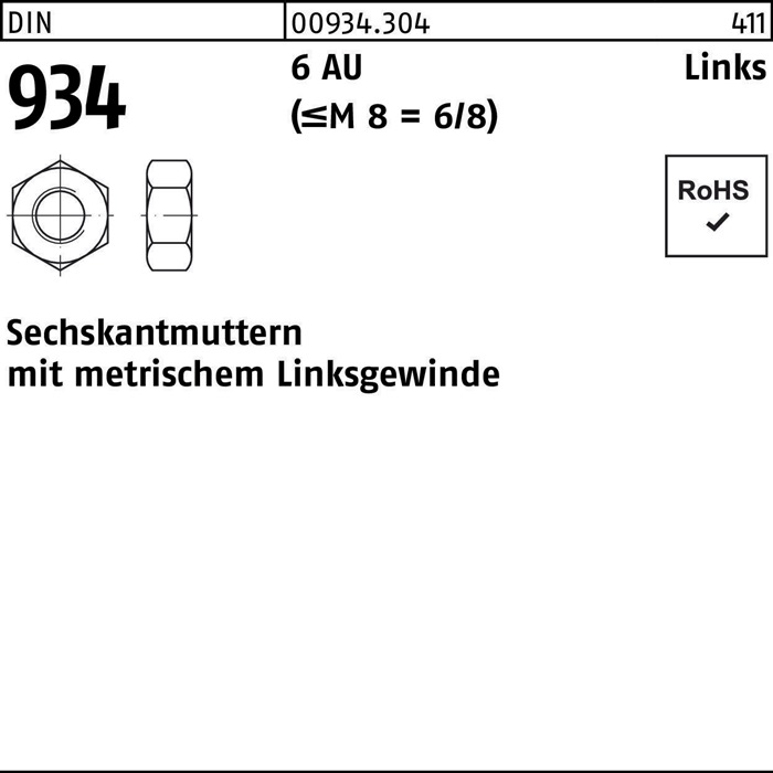 Sechskantmutter DIN 934 links M5 -LH 6 Automatenstahl 100 Stück