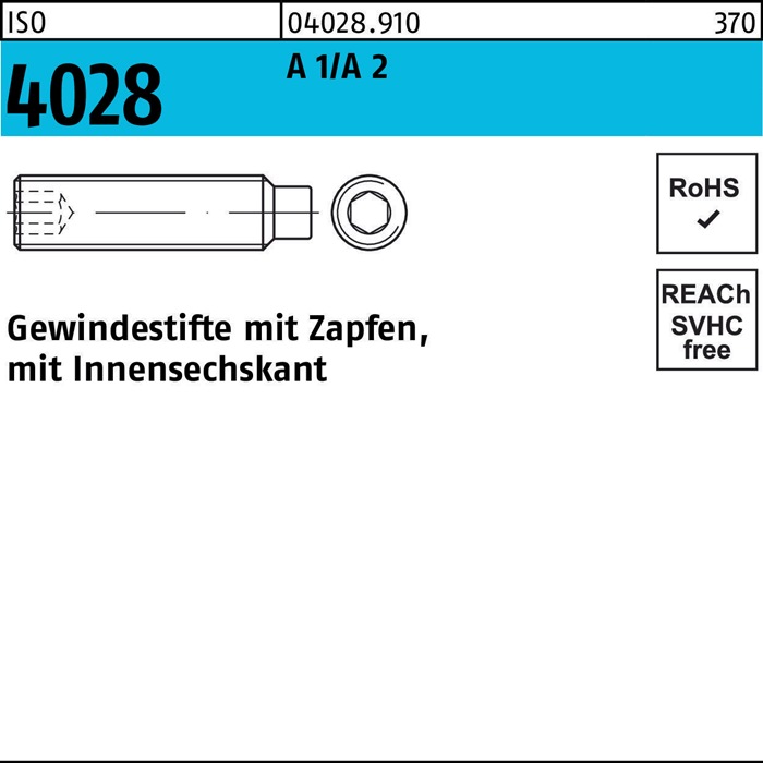 Gewindestift ISO 4028 Zapfen/Innen-6kt M5x 25 A 1/A 2 200 Stück