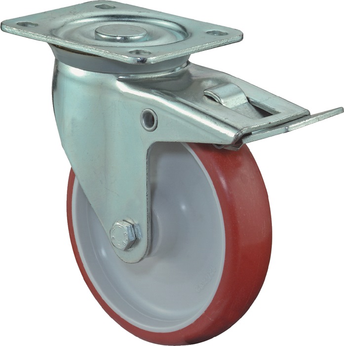 Lenkrolle D.100mm Trgf.125kg m.Festst.PU 104x80mm rot BS ROLLEN