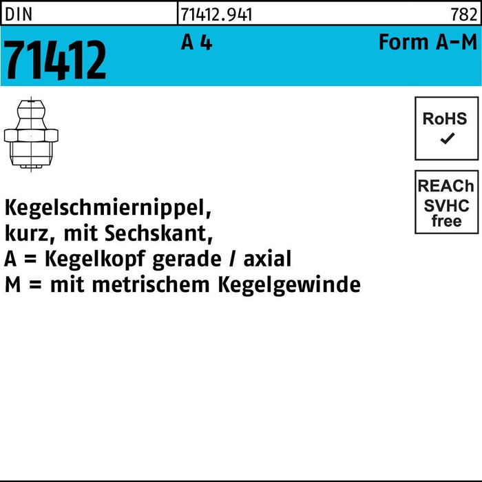 Kegelschmiernippel DIN 71412 FormA-M AM 8x 1 SW 9 A 4 50 Stück