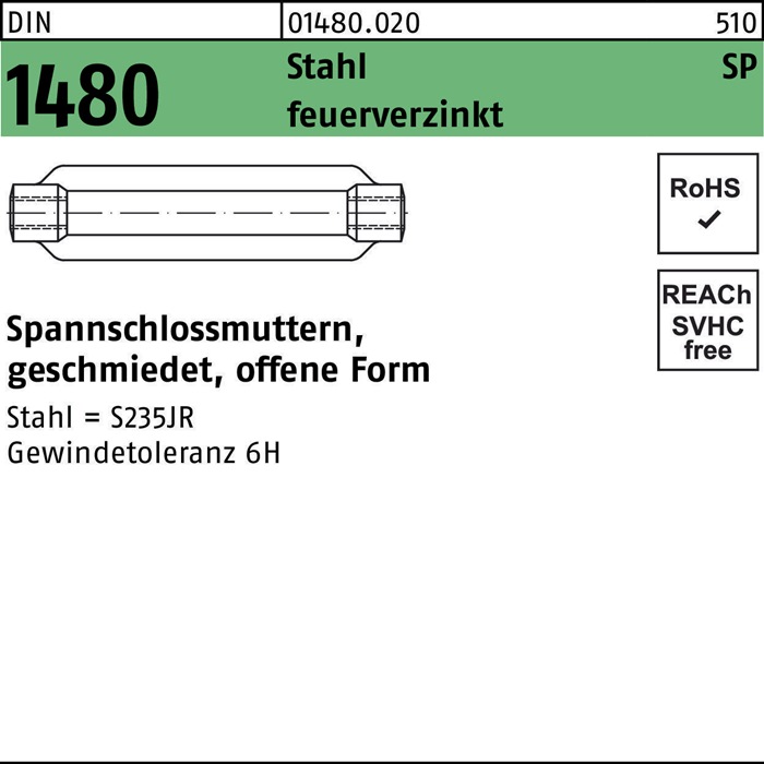 Spannschlossmutter DIN 1480 offen SP M24/255 Stahl feuerverz. 1 Stück