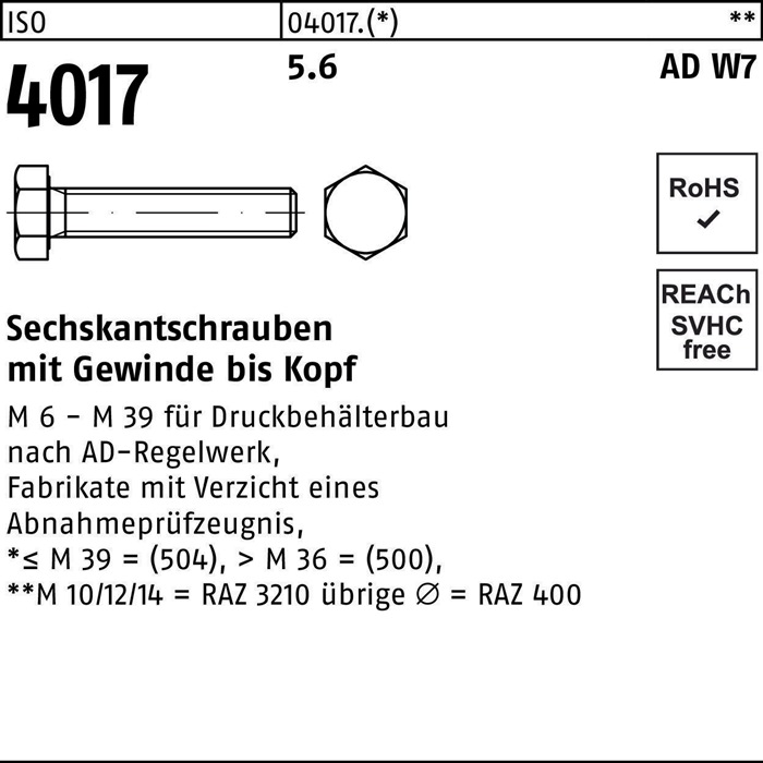 Sechskantschraube ISO 4017 VG M12x 110 5.6 AD W7 50 Stück
