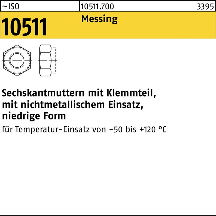 Sechskantmutter ISO 10511 Klemmteil M4 Messing 100 Stück
