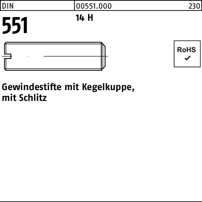 Gewindestift DIN 551 m.Kegelkuppe/Schlitz M6x 25 14 H 100 Stück
