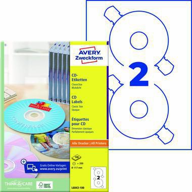 Avery Zweckform CD/DVD-Etikett L6043-100 matt weiß 200 St./Pack.