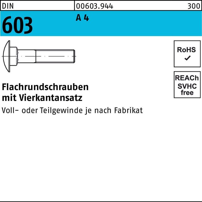 Flachrundschraube DIN 603 m.Vierkantansatz M 8 x 130 A 4 50 Stück